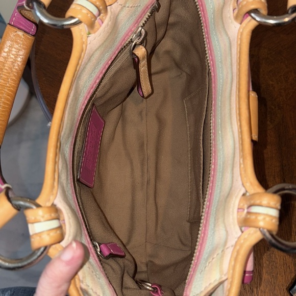 Coach Hampton striped mini bag  Vintage canvas pink green/2 color leather handle - Picture 9 of 15